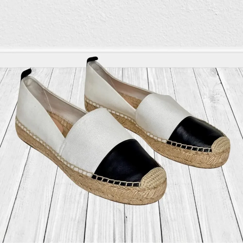 J. CREW White Black Leather Espadrilles Cap Toe Canvas Shoes Flats Resort 10.5